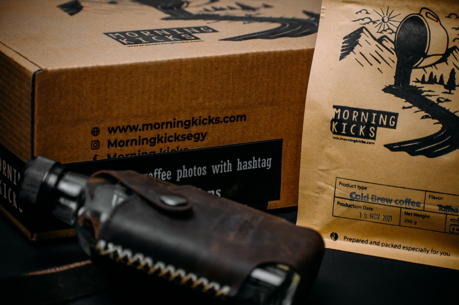 Brown leather bottle cover with empty 200 ml glass bottle