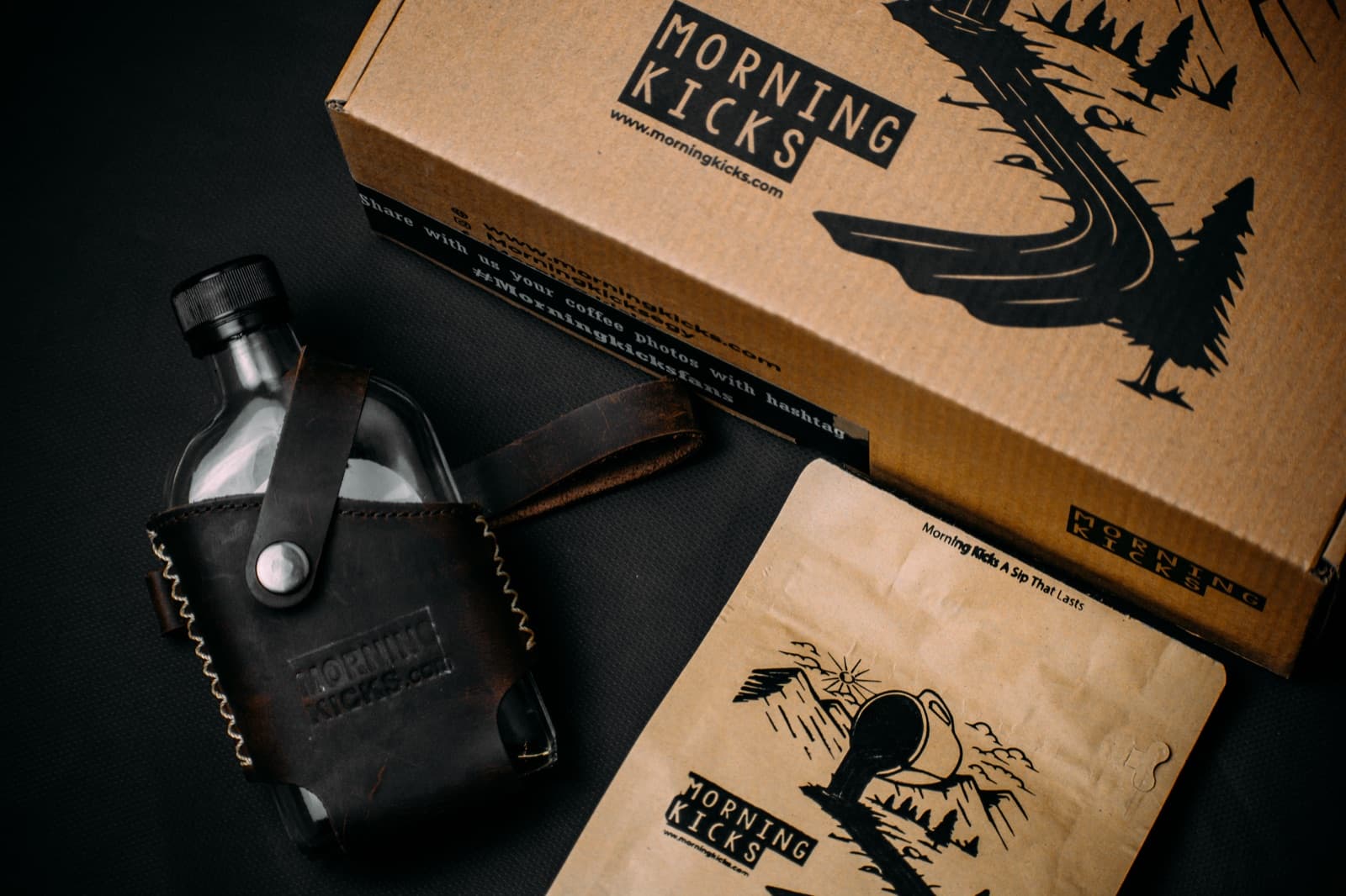 Brown Full Kit — leather cover, glass bottles, coffee pack and filters